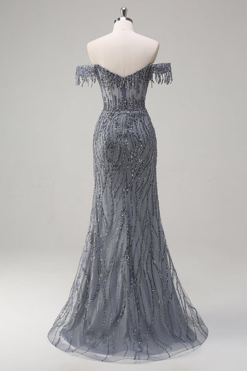 Sparkly Grey Blue Off the Shoulder Mermaid Long Prom Dress with Slit